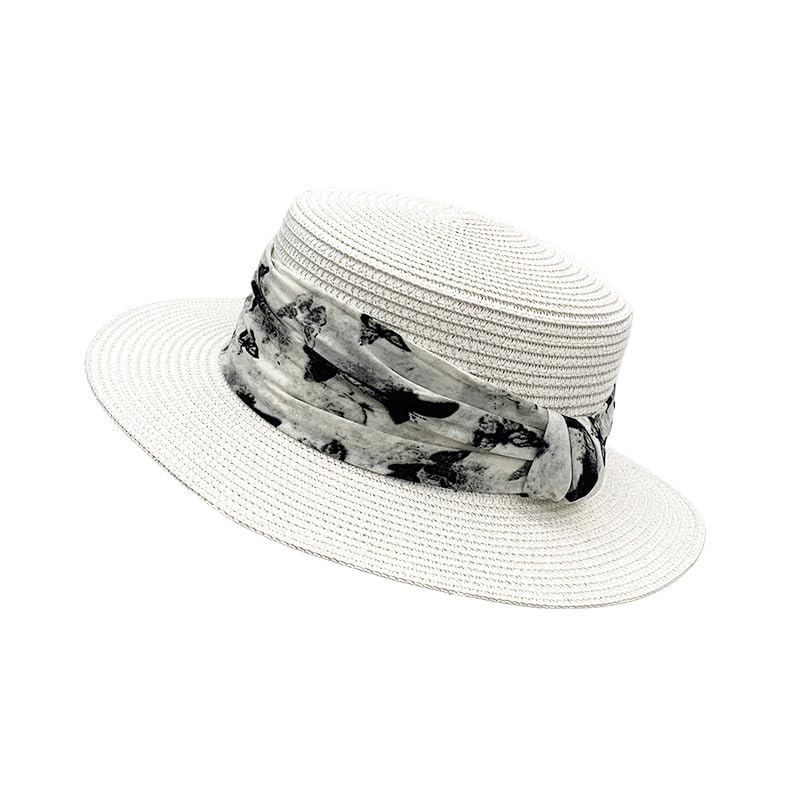 Sombrero de Verano para Mujer,de Copa Plana,con Protección UV,ala Ancha,Estilo Canotier,de Paja con Cintas Teñidas,Transpirable,para Playa,Exteriores,Vacaciones y Viajes