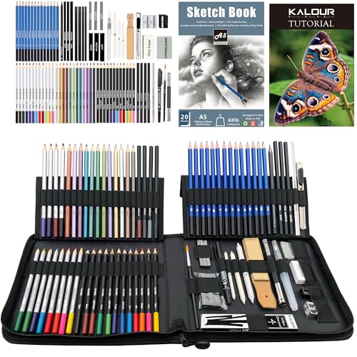 KALOUR Set de Dibujo y Boceto 84 Piezas, Materiales de Arte con Cuaderno, Incluye Tutorial, Lápices de Color, Carbón y Acuarela, Ideal para Adultos y Principiantes