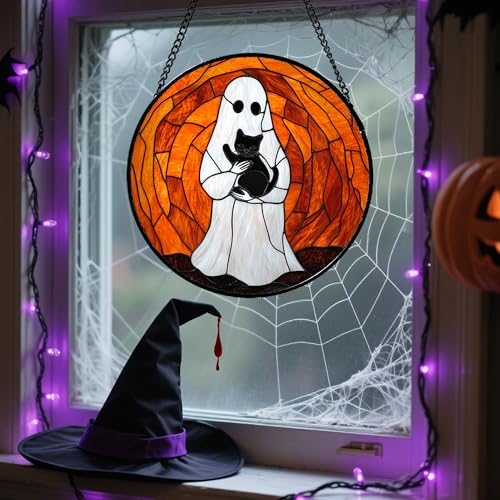 Image of Stained Glass Window Hanging - Halloween Cute White Ghost Black Cat Suncatcher for Doors Garden Home Spooky Orange Sun Catchers Gothic Decor Horror Gift for Women Men Friend Boy Girl 11.8 in
