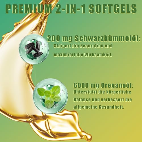 VitalVibe öil of oreganol Kapseln,2 in 1 6000 mg Oreganoöl mit Schwarzkümmelöl 200 mg,Oregano-Nahrungsergänzungsmittel auf Kräuterbasis | Hochwirksame Pflanzenstoffe Nahrungsergänzungsmittel