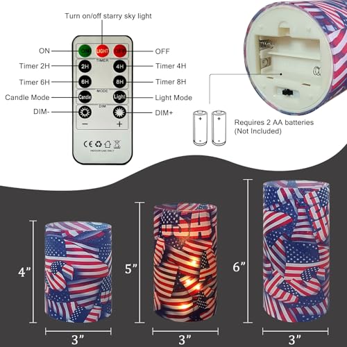 Image of NJAO HOO Patriotic American Flag Flameless LED Battery Operated Pillar Candles with Remote Control and Timer, 4th of July Candles for Home Decor Set of 3