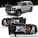 AmeriLite for Dodge 1994-2001 Ram 1500 | 94-2002 Ram 2500 3500 Black OE Halogen Replacement Headlights Assembly w/Corner Lights Set - Passenger and Driver Side