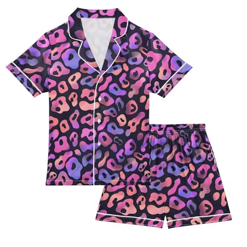 ALAZA Leopard Print Color Animal Satin Pajamas Set Short Sleeve Button Down Sleepwear Summer Pjs 2 Piece