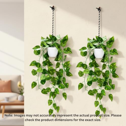 Image of fancymart Artificial Hanging Ivy Plant with White Hanging Pot & Rope, Pack of 2, Realistic Green Leaf Creeper for Home, Office, Living Room & Wall Decor, 60 cm Height