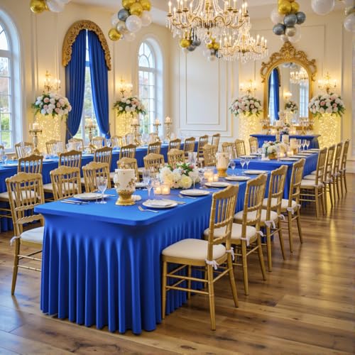 Image of 3 Packs Royal Blue Spandex Tablecloths for 8 Foot Rectangle Tables, Stretchy Fitted 8FT Blue Table Skirt for Wedding Party, Wrinkle Free Tablecloths for Banquet Wedding Birthday Party