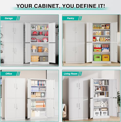 Image of Metal Storage Cabinet with 3 Adjustable Shelves,White Storage Cabinet with Lock,71 inch Lockable Metal Cabinets with Locking Doors,Tall Steel Pantry Cabinets 4 Door for Home,Office,Garage,Bathroom,Kitchen