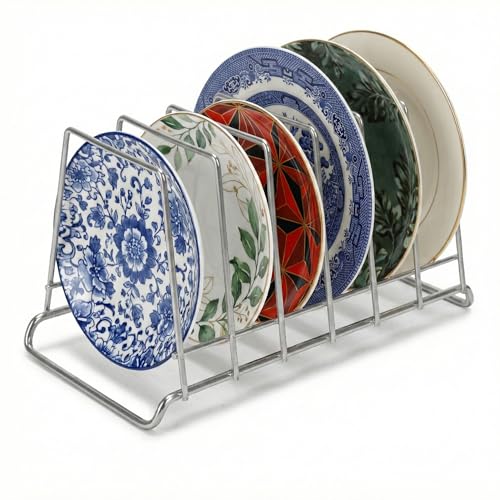 Image of Namani 6 Section Stainless Steel Plate Stand | Dish Organizer Rack for Kitchen Cabinet & Countertop | Rust Proof Plate Holder for Dishes, Thali & Lids (Silver)
