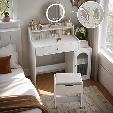 Smart FENDEE Vanity, Makeup Vanity Desk with Rotatable Mirror and Lights, White Make Up Vanity Table with 3 Adjustable Lighted and Chair, Makeup Table with with Striped Glass Doors for Bedroom Cover