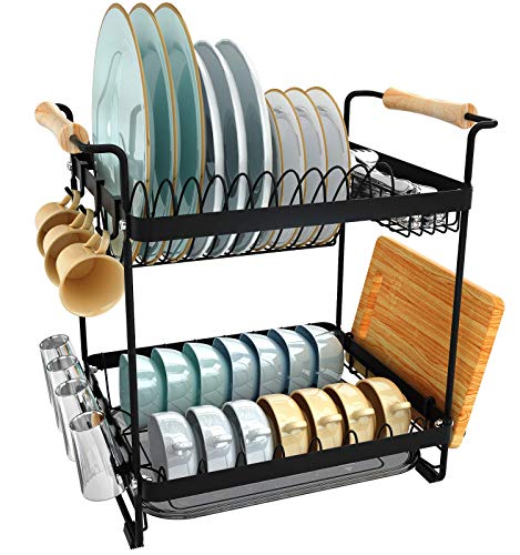 Dish Drying Rack, JZBRAIN 2 Tier Dish Rack Stainless Steel Small Dish Drying Rack with Drainboard, Rust-Proof Dish Drainer Rack with Utensil Holder for Kitchen Counter, Black