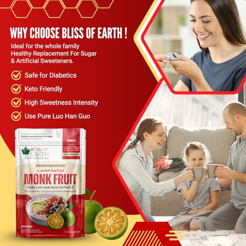Image of Bliss of Earth Pure Monk Fruit Extract Powder Without Erythritol, Zero Calorie Natural Sugar Free Sweetener, Keto & Diabetic Friendly, Healthy Sugar Substitute for Tea, Coffee, Baking & Cooking, 42.52gm, 850 Servings