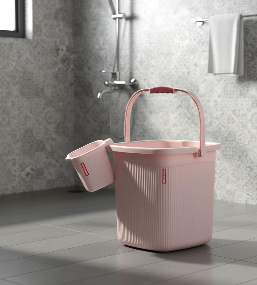 Image of Modware Square Ribbon Plastic Bucket Set with Mug | 25L Brown Bathroom Bucket with Handle + 1.5L Mug | Heavy-Duty Polypropylene + Co-Polymer | Stylish & Durable Bath Set (Pink 25 L)