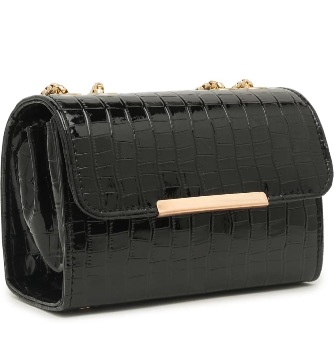 Elegant Black Sling Bag for Women | Faux Croc Leather Crossbody Purse with Gold Chain | Compact Party Shoulder Bag | 21x12x15 cm | 1.25L Capacity | Lightweight 380g-picture-13