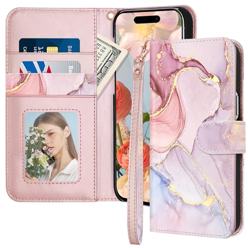Cadeau étui iPhone 15 Pro Max portefeuille en cuir PU avec dragonne pour fille