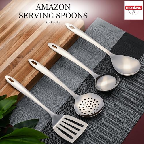 Image of Montavo by FnS 4 Pieces Stainless Steel Serving Tools Set | Soup Ladle, Skimmer Turner, Slotted Turner & Veg Serving Spoon | Food Grade Kitchen Utensil Set for Home & Dining