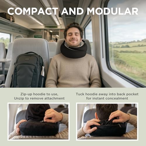 Image of Dot&Dot Travel Pillow Neck Pillow with Hood for Airplane Sleeping, Memory Foam Pillow with Chin Support, Detachable Hoodie, Washable Cover, Adjustable Velcro Fit for Flights, Car & Office