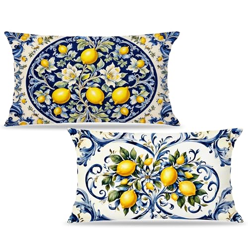 Image of Blue and Yellow Summer Mediterranean Lemon Small Decorative Lumbar 12x20 Pillow Covers Decor,Amalfi Coast Italian Decorative Throw Pillow Cover for Home Room Decor Double-Sided Set of 2