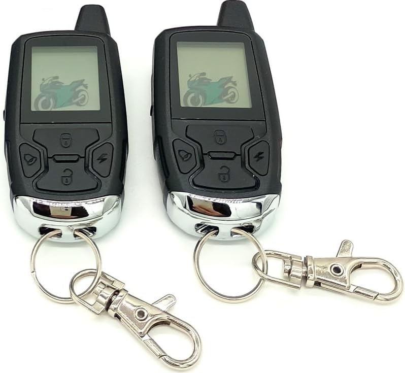 Two Steelmate 986X remote controls with keychains.