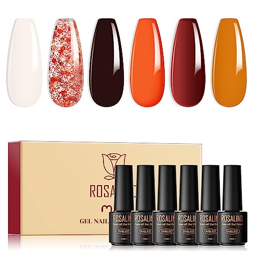 ROSALIND UV Nagellack Orange, 6 Farben Mini Gel Nagellack, Weiß Rosa Braun Rot Soak Off Nail Polish French Manicure für Frauen Mutter Geschenkset DIY zu Hause