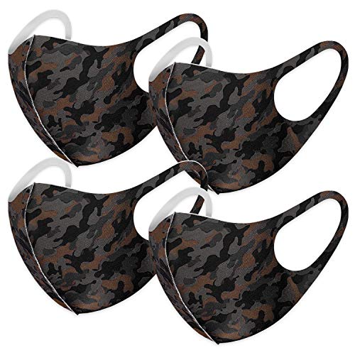 Unisex Face Covering Protective Bandana Neck Gaiter Fashion Cloth Fabric Face Protection Earloop Reusable Washable (4 Pack Camo Dark Brown)