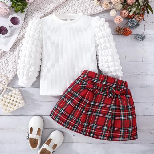 Image of Noubeau Toddler Girls Plaid Outfits Girls Puff Sleeve Knit Ribbed Shirt Tops Plaid Skirt Set Kids Fall Winter Clothes