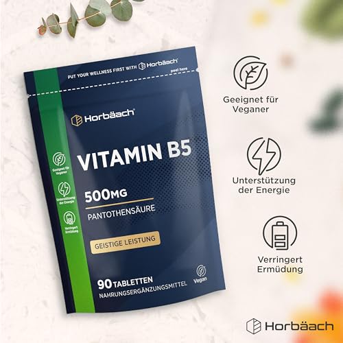 Vitamin B5 500mg | Hochdosiert Pantothensäure | Pantothenic Acid | 90 Vegan Tabletten | von Horbaach