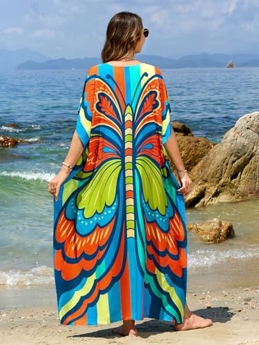 Image of sunforyou Kaftan Dresses for Women Plus Size Lightweight Swimsuit Cover up Batwing Sleeve Print Loungewear Beach Robe