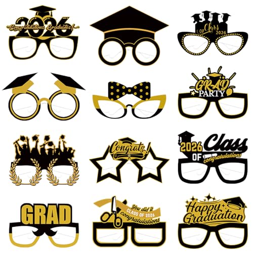 Runloon 12Pcs Graduation Eyeglasses Black Gold Class of 2026 Graduation Paper Glasses for 2026 Graduation Party Supplies