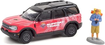 ModelToyCars Off-Roadeo Adventure Support Truck 2021 Ford Bronco Sport Badlands with Backpacker, Red - Greenlight 97110F/48 1/64 Scale Diecast Model Toy Car