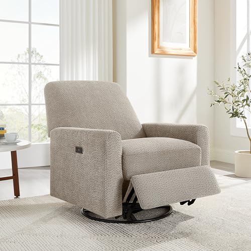 Image of VANOMi Power Swivel Glider Recliner Chair, Electric Nursery Rocker Recliner Chair, USB & Type-C Charger, Warm Camel Boucle