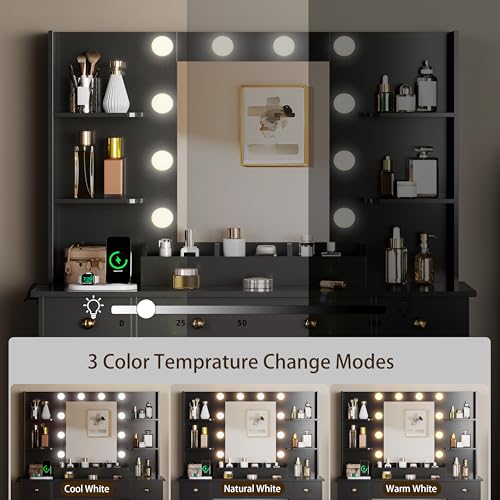 Image of HUANLEGO Vanity Desk with Mirror and Lights, Makeup Vanity with Mirror and LED Lights & Power Outlet, 3 Drawers and Cabinets, 3 Lighting Modes Dressing Table Set for Girls Women Bedroom,Black