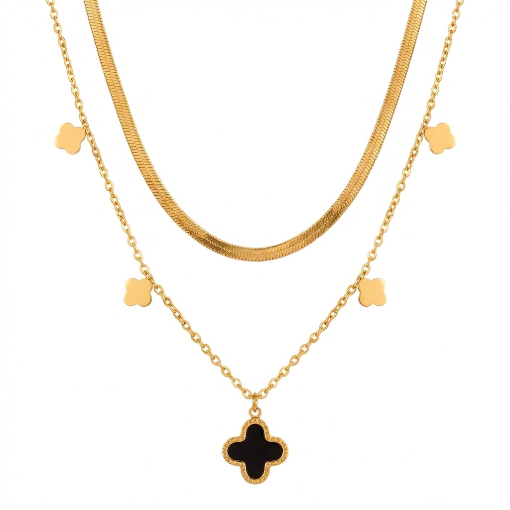 18K Gold Plated Four-Leaf Clover Layered Necklace for Women, Double Layer Snake Chain with Natural Shell Pendant & Multi Mini Clovers, Dainty Stackable Lucky Jewelry Gift Black Shell
