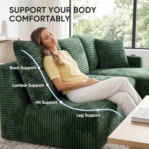 Image of Boneless Couch, 127 inch Sofas for Living Room, U Shaped Couch with Chaise | Sectional Sofa, Cloud Couch Sectional with Cup Holders and Storage, Cloud Sofa with Deep Seat, Green, Corduroy, No Assembly