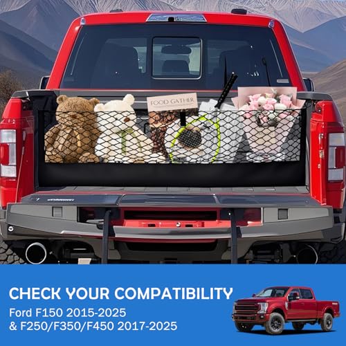 Image of Truck Bed Cargo Net for 2015+ Ford F150 & 2017+ F250 /F350 /F450 Accessories, Envelope Style Trunk Mesh Cargo Net, Heavy Duty&Double-Layer Nylon Storage Netting Organizer(Not for Spray-in Liner Beds)