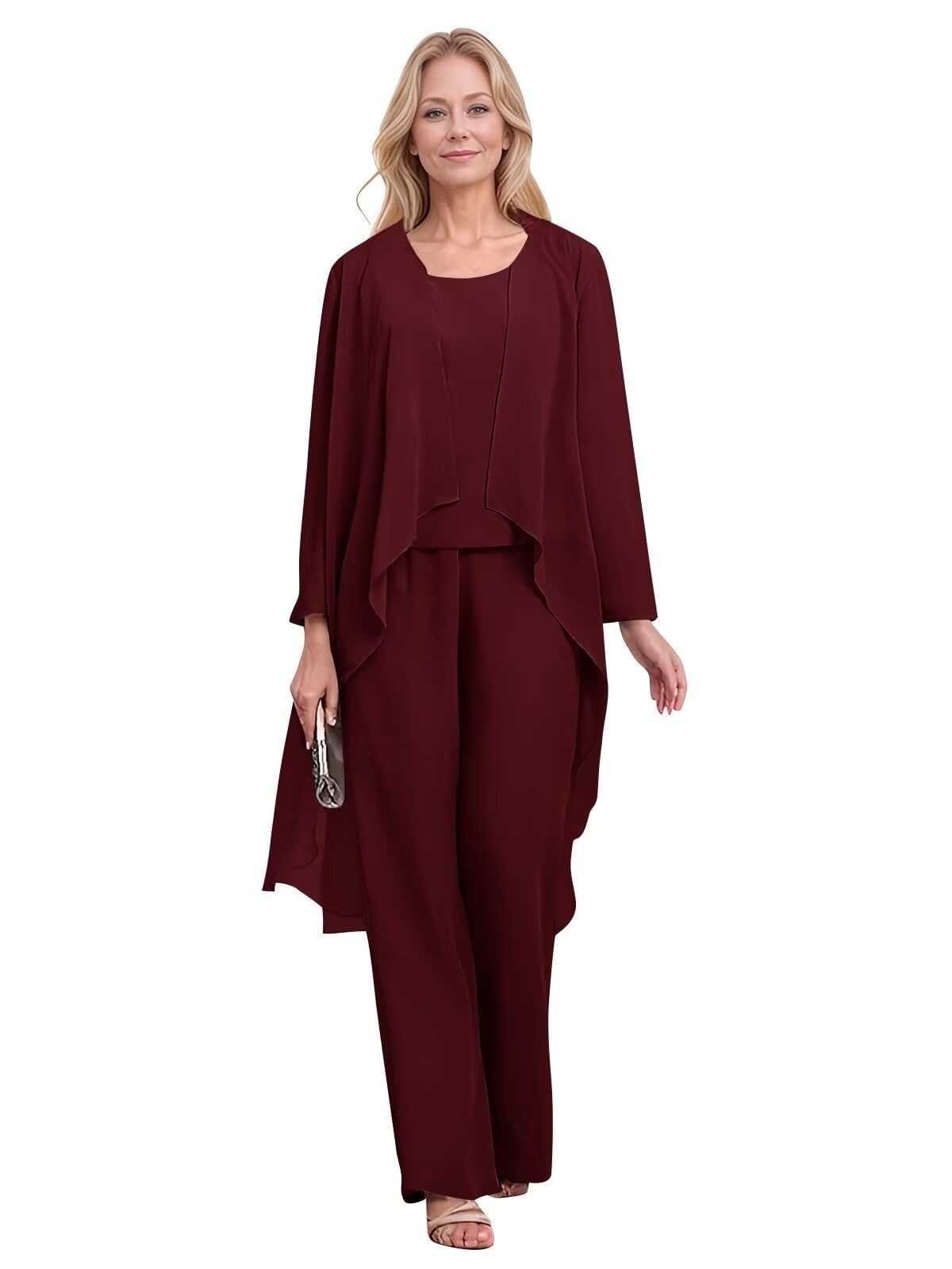 Chiffon Mother of The Bride Pant Suits - 3Pcs Plus Size Wedding Guest Formal Evening Outfit Set Women