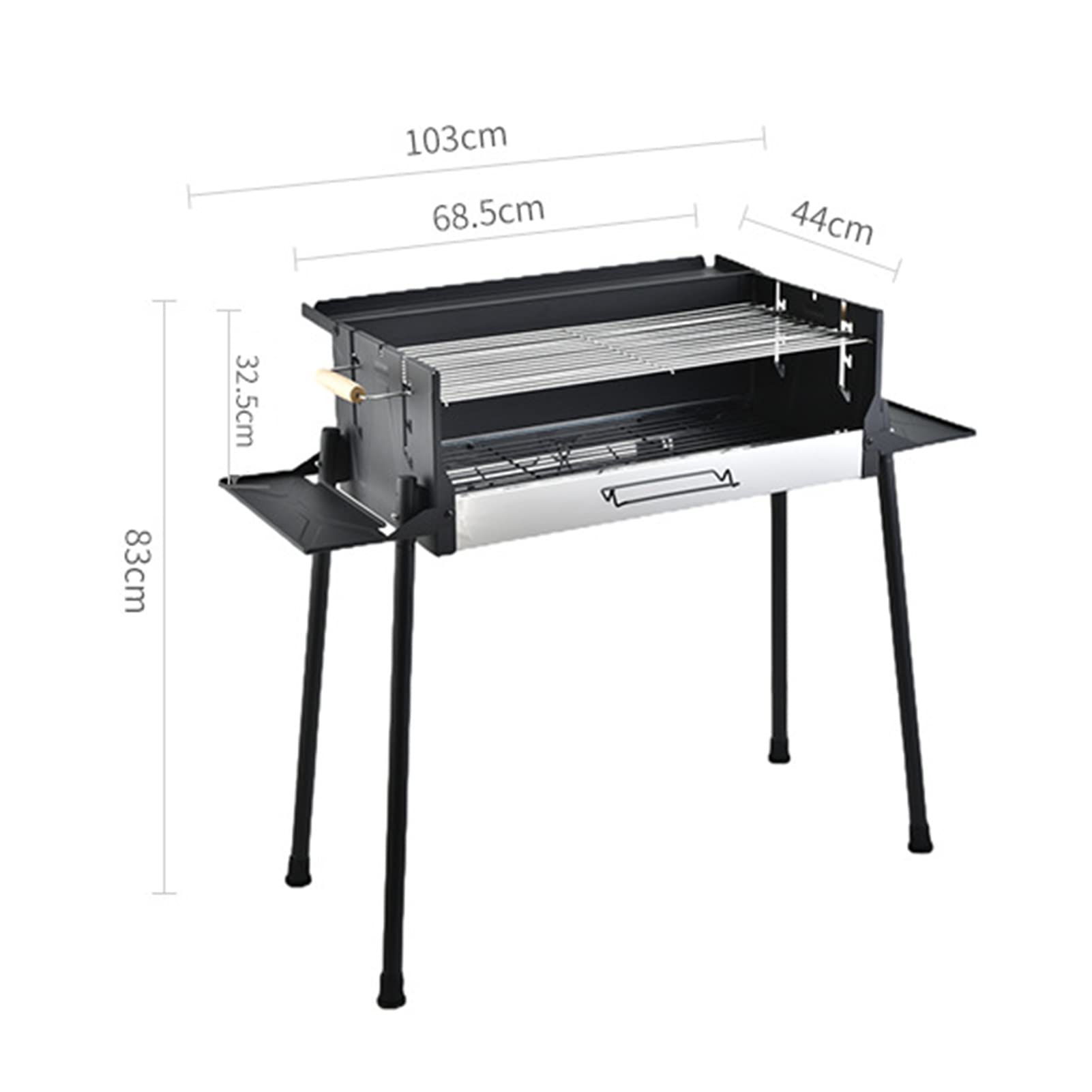 Składany grill węglowy z bocznymi półkami, metalowy grill z osłoną przed wiatrem, grill ogrodowy, 103 x 44 x 83 cm, przenośny grill węglowy z uchwytami i przestronną powierzchnią do gotowania (czarny)