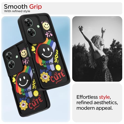 Image of Pikkme Back Cover for Realme Narzo N61 / Realme C61 4G | Soft Silicone| Cute Rainbow Smile & 3D Cartoon Flower Design | Shockproof Raised Camera Protection Bumper Case (Black)