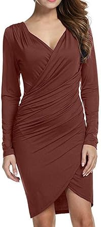 Vestido Cruzado para Mujer Elegante túnica de Manga Larga con Cuello en v  Jersey Vestidos con cinturón : Amazon.es: Ropa