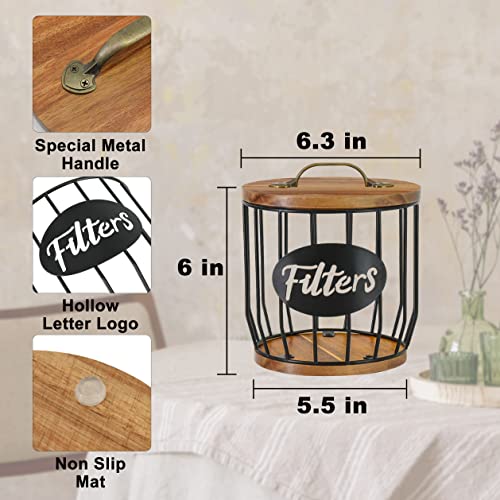 Luneodoki Rustic Coffee Filter Holder With Lid, Acacia Coffee Filter Storage Container Basket, Round Coffee Filter Dispenser Coffee Filter Container For Counter, Coffee Bar Accessories Decor #TOP5
