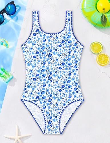 Image of Qaoerde Girls Swimsuit One Piece Swimsuits Solid Color Bathing Suit Colorful Contrast Trim Adjustable Straps Swimwear 9-16Y