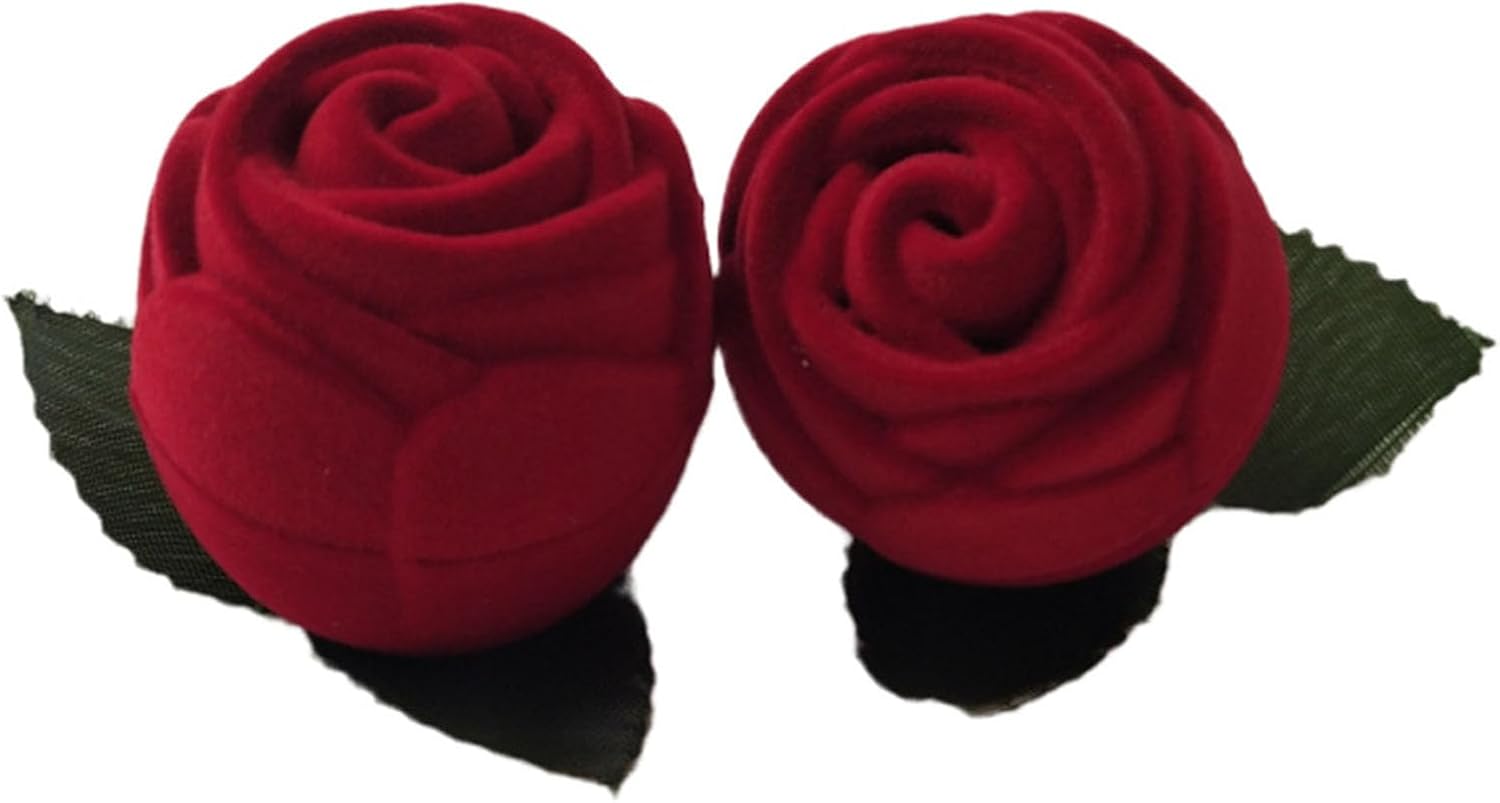 Flower Ring Box with Lifelike Red Rose and Leaves
