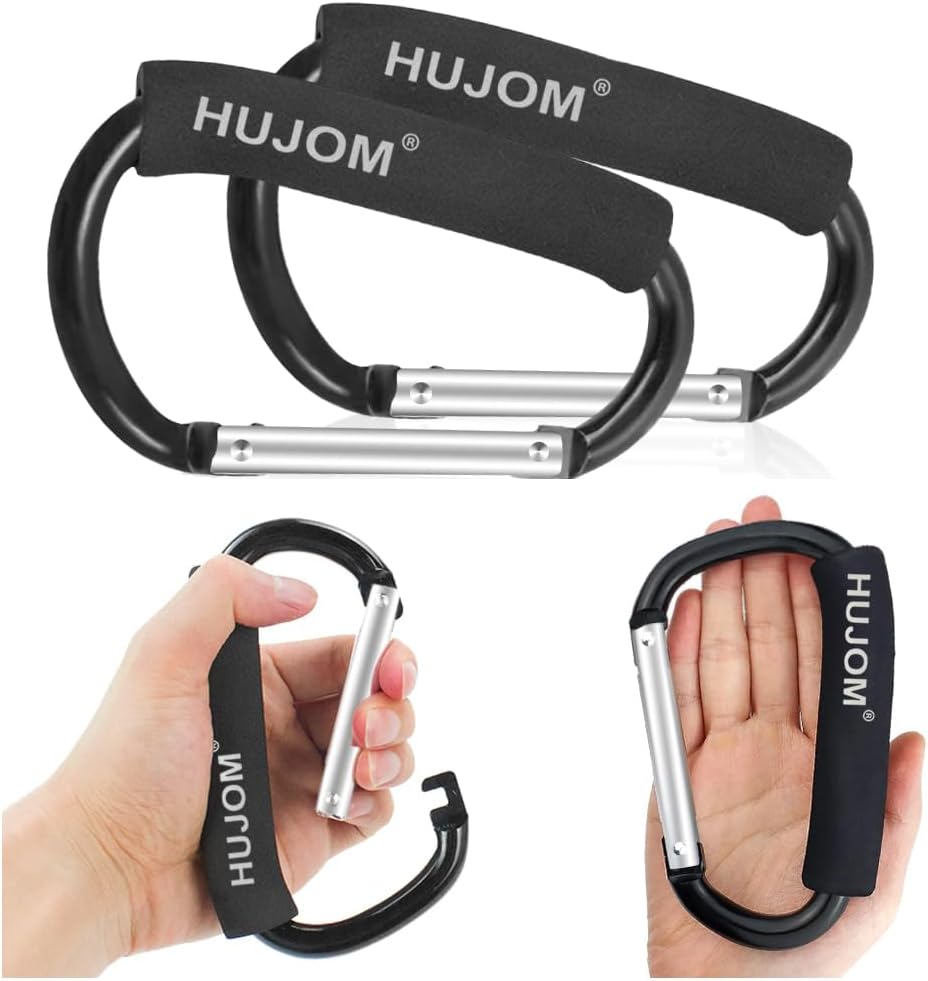 Hujom Heavy Duty Stroller Hooks 2 Pack - Large Carabiner Clips for Diaper Bags, Purses, Grocery Bags - Universal Fit for Strollers, Hiking, Camping