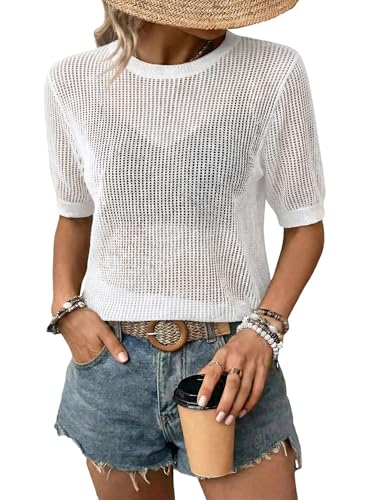 Image of Dokotoo Womens Summer Short Sleeve Crochet Tops Hollow Out Floral Sweaters Beach Vacation Cruise Outfits