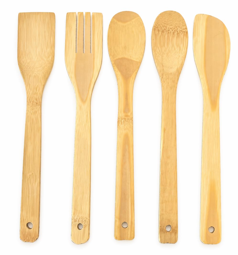 5 Parça Bambu Mutfak Kaşık Seti –%100 Doğal, Çizilmeye Karşı Korumalı, Isıya Dayanıklı, Hafif, Ergonomik, Tencere ve Tavalar ile Uyumlu, Sağlıklı ve Çevre Dostu Premium Set