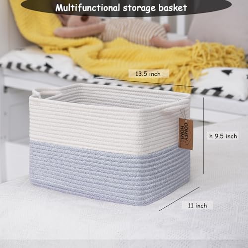 Image of COMFY-HOMI 3PACK Cotton Rope Square Baske with Handles for Shelves|Dog Toy Baske Bin and Storage|Baby Baske for Gift|Shoe Baske for Organizing|13.5 inch x 11 inch x 9.5 inch for Living Room(White /Blue)