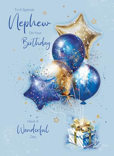 Cherry Orchard | Special Nephew Birthday Card | Blue & Gold Balloons and Stars | Gold Foil Text | Comes with Envelope