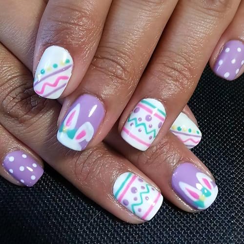Easter Press On Nails Short Square Fake Nails Purple False Nails With Easter Bunny Designs Acrylic Nail Press Ons Glossy Color Lines Glue On Nails Reusable Stick On Nails For Women 24Pcs