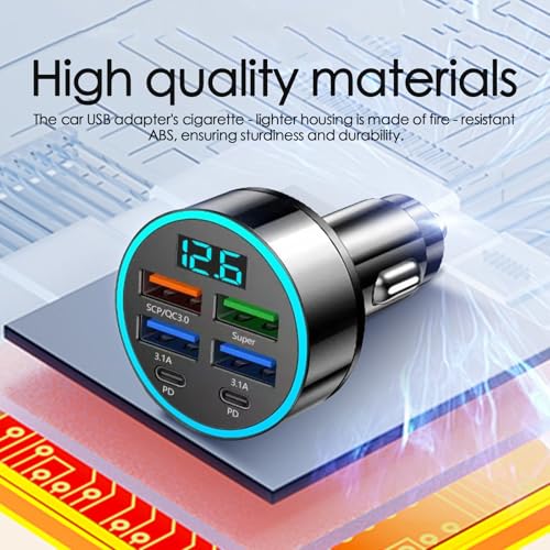 Sunnifly Caricatore Auto Super Rapido 6 In 1, 4 Usb + 2 Pd Type-C Con Display Digitale, Led Blu, Monitoraggio Tensione Batteria, Adatto Per Veicoli Con 12 V/24 V - 3