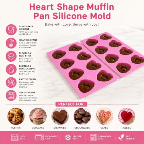 Image of Cutting EDGE Heart Shape Muffin Pan Silicone Mold | Long-Lasting & Flexible | for Making Chocolate, Dessert, Pastry, Brownie, Muffins, Jelly, Pudding and Many More (Pack of 2 - Pink Color)