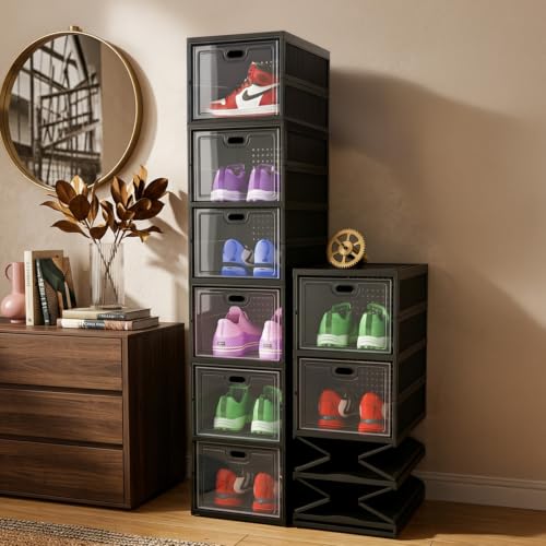 Image of PrettyKrafts 6-Tier Collapsible Shoe Rack with Door | Heavy Duty Plastic Sneaker Crates | Transparent Shoe Boxes | Sneaker Shoe Stand | Organiser for Heels, Boots, Loafers, Slippers,Black