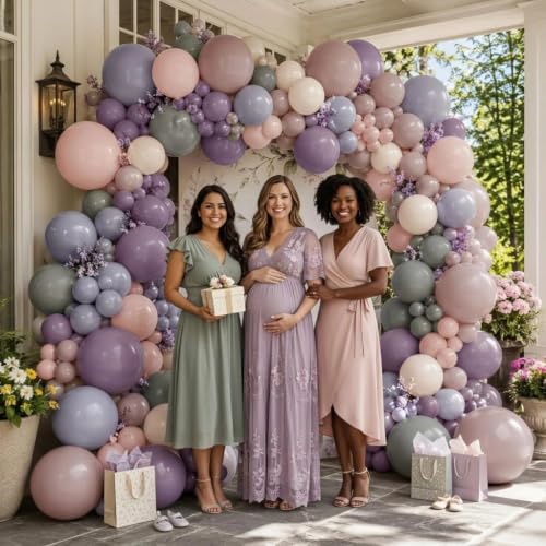 Image of Dusty Pink Purple Balloon Arch Double Stuffed Light Blush Lavender Balloon | Lilac White Ivory Gray Balloon Garland for Fairy Baby Shower Birthday Bloom Bridal Shower Butterfly Mermaid Party Decorations